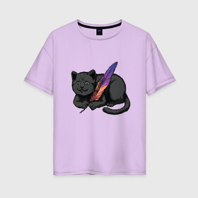 Женская футболка хлопок Oversize с принтом Чёрный кот с пёрышком в Рязани, 100% хлопок | свободный крой, круглый ворот, спущенный рукав, длина до линии бедер
 | black cat | cats | cute | feather | fluffy | kitten | kitty | playful | pussy | pussycat | британская кошка | британский кот | градиент | играет с пером | киса | котенок | кошечка | кошка | милота | перо | прикол | пус | пусси | пушистый кот 