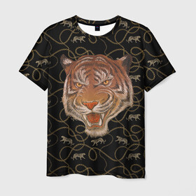 Мужская футболка 3D с принтом Морда тигра в Рязани, 100% полиэфир | прямой крой, круглый вырез горловины, длина до линии бедер | большая кошка | полосатый | тигр | тигрица | хищник