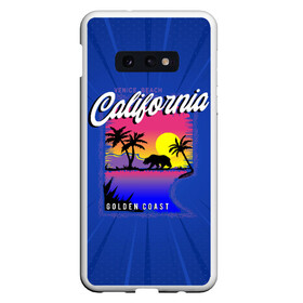 Чехол для Samsung S10E с принтом California golden coast в Рязани, Силикон | Область печати: задняя сторона чехла, без боковых панелей | california | golden coast | гризли | закат | калифорния | медведь | пальмы | природа