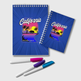 Блокнот с принтом California golden coast в Рязани, 100% бумага | 48 листов, плотность листов — 60 г/м2, плотность картонной обложки — 250 г/м2. Листы скреплены удобной пружинной спиралью. Цвет линий — светло-серый
 | Тематика изображения на принте: california | golden coast | гризли | закат | калифорния | медведь | пальмы | природа