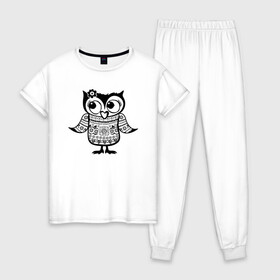 Женская пижама хлопок с принтом Сова в свитере в Рязани, 100% хлопок | брюки и футболка прямого кроя, без карманов, на брюках мягкая резинка на поясе и по низу штанин | owl | owls | сова | совушка | совы | филин | фраза | юмор