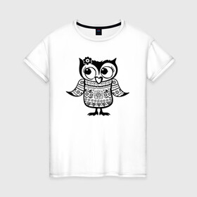 Женская футболка хлопок с принтом Сова в свитере в Рязани, 100% хлопок | прямой крой, круглый вырез горловины, длина до линии бедер, слегка спущенное плечо | owl | owls | сова | совушка | совы | филин | фраза | юмор