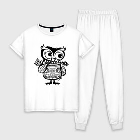 Женская пижама хлопок с принтом Сова с цветком в Рязани, 100% хлопок | брюки и футболка прямого кроя, без карманов, на брюках мягкая резинка на поясе и по низу штанин | owl | owls | сова | совушка | совы | филин | фраза | юмор