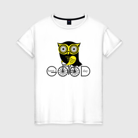 Женская футболка хлопок с принтом Сова на велосипеде в Рязани, 100% хлопок | прямой крой, круглый вырез горловины, длина до линии бедер, слегка спущенное плечо | owl | owls | сова | совушка | совы | филин | фраза | юмор