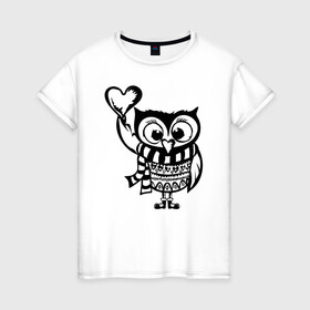 Женская футболка хлопок с принтом Сова с сердцем в Рязани, 100% хлопок | прямой крой, круглый вырез горловины, длина до линии бедер, слегка спущенное плечо | owl | owls | сова | совушка | совы | филин | фраза | юмор