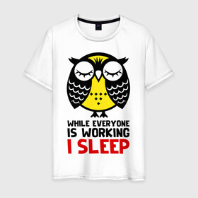 Мужская футболка хлопок с принтом Сова. Сплю, когда ты на работе в Рязани, 100% хлопок | прямой крой, круглый вырез горловины, длина до линии бедер, слегка спущенное плечо. | owl | owls | сова | совушка | совы | филин | фраза | юмор