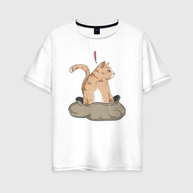 Женская футболка хлопок Oversize с принтом Кот в мешке в Рязани, 100% хлопок | свободный крой, круглый ворот, спущенный рукав, длина до линии бедер
 | cat | кот в мешке | кот из мема | рыжий котик | удивленный кошак