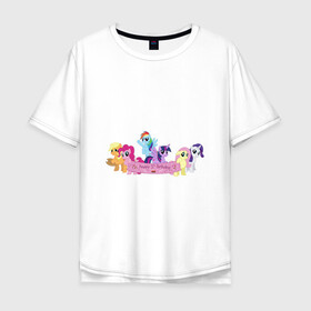 Мужская футболка хлопок Oversize с принтом My Little Pony Happy Birthday в Рязани, 100% хлопок | свободный крой, круглый ворот, “спинка” длиннее передней части | applejack | friendship | mylittlepony | rainbow dash | twilight sparkle | waifu | вайфу | дружба это магия | друзья | кони | моя маленькая пони | мультфильм | пони | радуга | ренбоу деш | эплджек