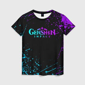 Женская футболка 3D с принтом GENSHIN IMPACT NEON LOGO в Рязани, 100% полиэфир ( синтетическое хлопкоподобное полотно) | прямой крой, круглый вырез горловины, длина до линии бедер | amber | anime | genshin impact | girl | jean | lisa | paimon | xiao | zelda | анемо | аниме | геншен импакт | геншин импакт | геншин эмпакт | геншинимпакт | девушка | игры | кли | лиза | паймон | пеймон | персонажи | сяо | тян