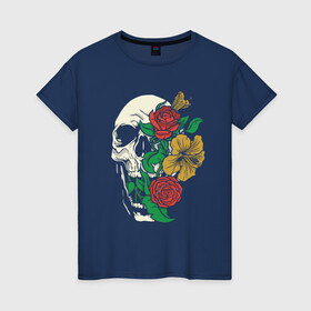 Женская футболка хлопок с принтом Floral Roses Skull  в Рязани, 100% хлопок | прямой крой, круглый вырез горловины, длина до линии бедер, слегка спущенное плечо | bones | cranium | flower | flowers | gothic | merch | rose | skeleton | skull merch | tattoo | букет | готика | кости | мерч | мистика | рисунок черепа | роза | розы | скелет | татуировка | ужасы | флора | цветы | чайные розы | череп | черепа с