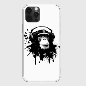 Чехол для iPhone 12 Pro Max с принтом Обезьяна Меломан в Рязани, Силикон |  | black | blot | butterflies | chimpanzee | gorilla | headphones | ink | lover | monkey | music | sheet | white | бабочки | белое | горилла | клякса | меломан | музыка | наушники | ноты | обезьяна | спокойствие | умиротворение | чернила | черное