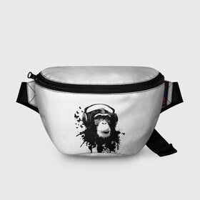 Поясная сумка 3D с принтом Обезьяна Меломан в Рязани, 100% полиэстер | плотная ткань, ремень с регулируемой длиной, внутри несколько карманов для мелочей, основное отделение и карман с обратной стороны сумки застегиваются на молнию | black | blot | butterflies | chimpanzee | gorilla | headphones | ink | lover | monkey | music | sheet | white | бабочки | белое | горилла | клякса | меломан | музыка | наушники | ноты | обезьяна | спокойствие | умиротворение | чернила | черное