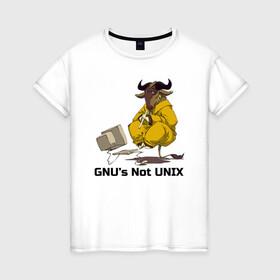 Женская футболка хлопок с принтом GNU’s Not UNIX в Рязани, 100% хлопок | прямой крой, круглый вырез горловины, длина до линии бедер, слегка спущенное плечо | gnu | linux | not unix | programming | гну | линукс | программист | сисадмин | системный администратор