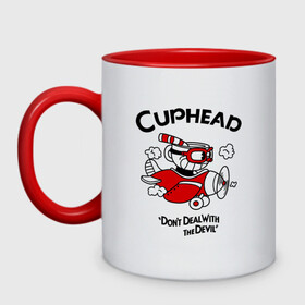 Кружка двухцветная с принтом Cuphead на самолёте в Рязани, керамика | объем — 330 мл, диаметр — 80 мм. Цветная ручка и кайма сверху, в некоторых цветах — вся внутренняя часть | Тематика изображения на принте: cuphead | cuphead and mugman | dont deal with the devil | игры | капхед | самолёт | чашеголовый