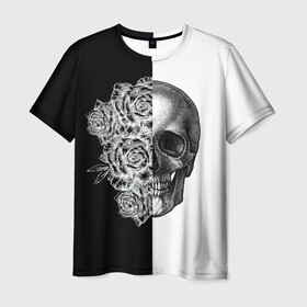 Мужская футболка 3D с принтом SkullRose Sketch в Рязани, 100% полиэфир | прямой крой, круглый вырез горловины, длина до линии бедер | набросок | рисунок карандашом | роза | чб | череп | черепушка | черно белое