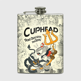 Фляга с принтом Cuphead and Devil в Рязани, металлический корпус | емкость 0,22 л, размер 125 х 94 мм. Виниловая наклейка запечатывается полностью | Тематика изображения на принте: cuphead | devil | dont deal with the devil | все персонажи | дьявол | игры | капхед | чашеголовый | черт