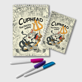 Блокнот с принтом Cuphead and Devil в Рязани, 100% бумага | 48 листов, плотность листов — 60 г/м2, плотность картонной обложки — 250 г/м2. Листы скреплены удобной пружинной спиралью. Цвет линий — светло-серый
 | cuphead | devil | dont deal with the devil | все персонажи | дьявол | игры | капхед | чашеголовый | черт