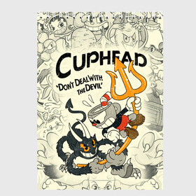 Скетчбук с принтом Cuphead and Devil в Рязани, 100% бумага
 | 48 листов, плотность листов — 100 г/м2, плотность картонной обложки — 250 г/м2. Листы скреплены сверху удобной пружинной спиралью | cuphead | devil | dont deal with the devil | все персонажи | дьявол | игры | капхед | чашеголовый | черт