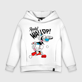 Детское худи Oversize хлопок с принтом Ready? Wallop! Cuphead в Рязани, френч-терри — 70% хлопок, 30% полиэстер. Мягкий теплый начес внутри —100% хлопок | боковые карманы, эластичные манжеты и нижняя кромка, капюшон на магнитной кнопке | Тематика изображения на принте: cuphead | cuphead and mugman | mugman | ready | wallop | игры | капхед | чашеголовый