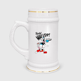 Кружка пивная с принтом Ready? Wallop! Cuphead в Рязани,  керамика (Материал выдерживает высокую температуру, стоит избегать резкого перепада температур) |  объем 630 мл | Тематика изображения на принте: cuphead | cuphead and mugman | mugman | ready | wallop | игры | капхед | чашеголовый