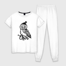 Женская пижама хлопок с принтом Совушка на ветке в Рязани, 100% хлопок | брюки и футболка прямого кроя, без карманов, на брюках мягкая резинка на поясе и по низу штанин | owl | owls | сова | совушка | совы | филин | фраза | юмор