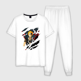 Мужская пижама хлопок с принтом Ичиго Куросаки в Рязани, 100% хлопок | брюки и футболка прямого кроя, без карманов, на брюках мягкая резинка на поясе и по низу штанин
 | bleach | kurosaki ichigo | аниме | блич | ичиго | куросаки | манга
