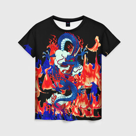 Женская футболка 3D с принтом Огненный Дракон в Рязани, 100% полиэфир ( синтетическое хлопкоподобное полотно) | прямой крой, круглый вырез горловины, длина до линии бедер | akatsuki | beast | dragon | fire | акацуки | дракон | животные | зверь | змей | когти | облако | огонь | узор | чб | японский
