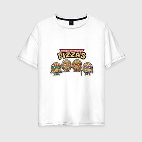 Женская футболка хлопок Oversize с принтом Ninja Pizzas в Рязани, 100% хлопок | свободный крой, круглый ворот, спущенный рукав, длина до линии бедер
 | donatello | leonardo | michelangelo | ninja | pizza | raphael | turtles | донателло | животные | карате | комикс | комиксы | леонардо | микеланджело | мультфильм | мутант | мутанты | ниндзя | пицца | рафаэль | сплинтер | супергерой