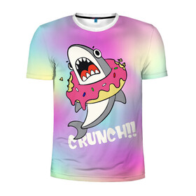 Мужская футболка 3D спортивная с принтом Акула с пончиком Сrunch в Рязани, 100% полиэстер с улучшенными характеристиками | приталенный силуэт, круглая горловина, широкие плечи, сужается к линии бедра | акула | глазурь | градиент | десерт | зубы | пончик | укус