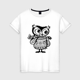 Женская футболка хлопок с принтом Совушка с цветочком в Рязани, 100% хлопок | прямой крой, круглый вырез горловины, длина до линии бедер, слегка спущенное плечо | owl | owls | сова | совушка | совы | филин | фраза | юмор