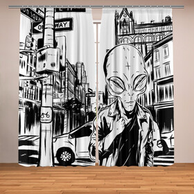Фотошторы с принтом Портрет пришельца в Нью Йорке в Рязани, Блэкаут (светозащита 90%) / Габардин (светозащита 40% | 2 полотна шириной по 145 см; Высота 200-300 см; Крепление: шторная лента (на крючки); | alien | art | hipster | illustration | landscape | new york | ufo | арт | иллюстрация | инопланетянин | картина | нло | нью йорк | пейзаж | пешеходный переход | пришелец | рисунок | рисунок карандашом | светофор | указатель