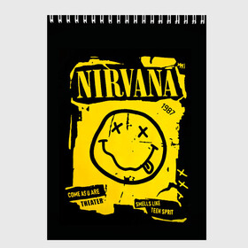 Скетчбук с принтом Nirvana 1987 в Рязани, 100% бумага
 | 48 листов, плотность листов — 100 г/м2, плотность картонной обложки — 250 г/м2. Листы скреплены сверху удобной пружинной спиралью | album | curt | kobain | logo | music | nevermind | nirvana | rock | smells like | smile | teen spirit | альбом | гитара | курт кобейн | логотип | музыка | невермайнд | нирвана | рок | смайл | стикер