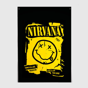 Постер с принтом Nirvana 1987 в Рязани, 100% бумага
 | бумага, плотность 150 мг. Матовая, но за счет высокого коэффициента гладкости имеет небольшой блеск и дает на свету блики, но в отличии от глянцевой бумаги не покрыта лаком | album | curt | kobain | logo | music | nevermind | nirvana | rock | smells like | smile | teen spirit | альбом | гитара | курт кобейн | логотип | музыка | невермайнд | нирвана | рок | смайл | стикер