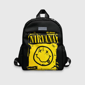 Детский рюкзак 3D с принтом Nirvana 1987 в Рязани, 100% полиэстер | лямки с регулируемой длиной, сверху петелька, чтобы рюкзак можно было повесить на вешалку. Основное отделение закрывается на молнию, как и внешний карман. Внутри дополнительный карман. По бокам два дополнительных кармашка | album | curt | kobain | logo | music | nevermind | nirvana | rock | smells like | smile | teen spirit | альбом | гитара | курт кобейн | логотип | музыка | невермайнд | нирвана | рок | смайл | стикер