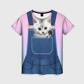 Женская футболка 3D с принтом Котенок в кармане в Рязани, 100% полиэфир ( синтетическое хлопкоподобное полотно) | прямой крой, круглый вырез горловины, длина до линии бедер | в кармане | в кармашке | животные | комбинезон | кот | котенок | котик | кошка