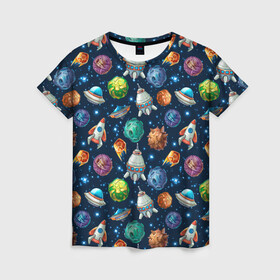 Женская футболка 3D с принтом Мультяшные планеты в Рязани, 100% полиэфир ( синтетическое хлопкоподобное полотно) | прямой крой, круглый вырез горловины, длина до линии бедер | space | арт | звезды | корабли | космос | планеты | ракеты | созвездия