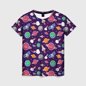 Женская футболка 3D с принтом Корабли, планеты и спутники в Рязани, 100% полиэфир ( синтетическое хлопкоподобное полотно) | прямой крой, круглый вырез горловины, длина до линии бедер | space | арт | звезды | корабли | космос | планеты | ракеты | созвездия