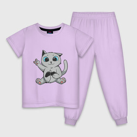 Детская пижама хлопок с принтом Британский кот геймер в Рязани, 100% хлопок |  брюки и футболка прямого кроя, без карманов, на брюках мягкая резинка на поясе и по низу штанин
 | Тематика изображения на принте: british | cat | cats | cute | gamer | kawaii | kitten | kitty | pussycat kawaii | британец | британская короткошерстная | джойстик | игрок | игрома | игры | консоль | котейка | котёнок | котик | котяра | кошечка | кошка | милота