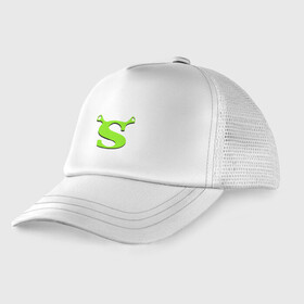 Детская кепка тракер с принтом Shrek Logo (+спина) (Z) в Рязани, Козырек - 100% хлопок. Кепка - 100% полиэстер, Задняя часть - сетка | универсальный размер, пластиковая застёжка | Тематика изображения на принте: dreamworks | shrek | зелёный огр | мульт | мультфильм | приключения