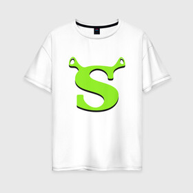 Женская футболка хлопок Oversize с принтом Shrek Logo (+спина) (Z) в Рязани, 100% хлопок | свободный крой, круглый ворот, спущенный рукав, длина до линии бедер
 | dreamworks | shrek | зелёный огр | мульт | мультфильм | приключения