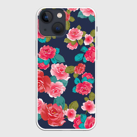 Чехол для iPhone 13 mini с принтом Цветочный узор из красных роз в Рязани,  |  | botanical | fantasy | floral | flower bouquet | garden | pattern | pink roses | red roses | ботаника | букет роз | бутоны | весна | красные розы | лепестки роз | лето | паттерн | реалистичные цветы | розовые розы | розы | садовая роза | флор