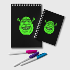 Блокнот с принтом Shreks Face в Рязани, 100% бумага | 48 листов, плотность листов — 60 г/м2, плотность картонной обложки — 250 г/м2. Листы скреплены удобной пружинной спиралью. Цвет линий — светло-серый
 | Тематика изображения на принте: donkey | fiona | gonna | is | life | love | me | once | roll | shrek | somebody | the | told | world | артур | в | гарольд | дракон | жизнь | кот | лорд | любовь | мем | мерлин | огр | осел | пиноккио | пряник | сапогах | фаркуад | фиона | чарм