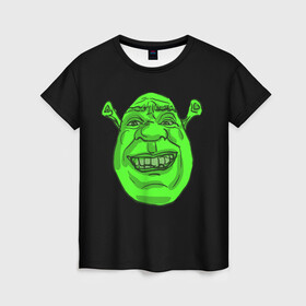 Женская футболка 3D с принтом Shreks Face в Рязани, 100% полиэфир ( синтетическое хлопкоподобное полотно) | прямой крой, круглый вырез горловины, длина до линии бедер | donkey | fiona | gonna | is | life | love | me | once | roll | shrek | somebody | the | told | world | артур | в | гарольд | дракон | жизнь | кот | лорд | любовь | мем | мерлин | огр | осел | пиноккио | пряник | сапогах | фаркуад | фиона | чарм