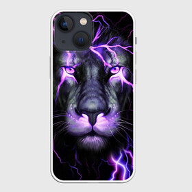 Чехол для iPhone 13 mini с принтом НЕОНОВЫЙ ЛЕВ  NEON LION в Рязани,  |  | lion | neon | голова | гроза | дикая кошка | животные | кот | кошка | лев | молния | неон | тигр | хищник