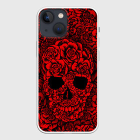 Чехол для iPhone 13 mini с принтом ЦВЕТОЧНЫЙ ЧЕРЕП в Рязани,  |  | death | flowers | horror | metal | red | rose | roses | skull | арт | зомби | кости | красный | розы | скелет | цветы | череп | черный