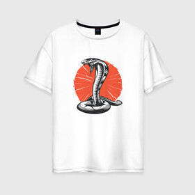 Женская футболка хлопок Oversize с принтом Японская Кобра | Japan Cobra в Рязани, 100% хлопок | свободный крой, круглый ворот, спущенный рукав, длина до линии бедер
 | art | asp | aspid | cobra kai | japanese | poison | poisoned | red sun | snake | vemonous | venom | viper | арт | вайпер | восходящее солнце | змея | иллюстрация | кобра кай | красное солнце | рисунок кобры | солнце | яд | яд