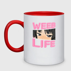 Кружка двухцветная с принтом Weeb life в Рязани, керамика | объем — 330 мл, диаметр — 80 мм. Цветная ручка и кайма сверху, в некоторых цветах — вся внутренняя часть | ahegao | anime | baka | chibi | desu | japan | kohai | nani | neko | otaku | senpai | sensei | waifu | weeaboo | weeb | аниме | анимешник | анимешница | ахегао | бака | вайфу | виабу | десу | кохай | культура | нани | неко | отаку | сенпай | сенсеи | трен