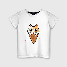 Детская футболка хлопок с принтом Ice Cream Cat в Рязани, 100% хлопок | круглый вырез горловины, полуприлегающий силуэт, длина до линии бедер | Тематика изображения на принте: animal | cat | cute | kitty | meow | друг | животные | киска | китти | кот | котенок | котик | котэ | кошечка | кошка | милый | мороженое | мур | мяу | питомец | тигр