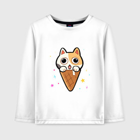 Детский лонгслив хлопок с принтом Ice Cream Cat в Рязани, 100% хлопок | круглый вырез горловины, полуприлегающий силуэт, длина до линии бедер | Тематика изображения на принте: animal | cat | cute | kitty | meow | друг | животные | киска | китти | кот | котенок | котик | котэ | кошечка | кошка | милый | мороженое | мур | мяу | питомец | тигр