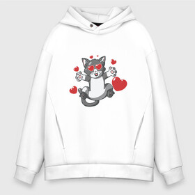 Мужское худи Oversize хлопок с принтом Love Cat в Рязани, френч-терри — 70% хлопок, 30% полиэстер. Мягкий теплый начес внутри —100% хлопок | боковые карманы, эластичные манжеты и нижняя кромка, капюшон на магнитной кнопке | Тематика изображения на принте: animal | cat | cute | kitty | love | meow | друг | животные | киска | китти | кот | котенок | котик | котэ | кошечка | кошка | люблю | любовь | милый | мур | мяу | питомец | сердце | тигр